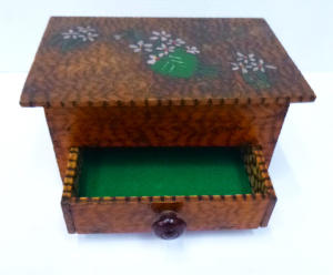 Lot 214 - C1930s Poker Work Lidded Jewellery Box with textured finish, drawer an Lot 214 - C1930s Poker Work Lidded Jewellery Box with textured finish, drawer an