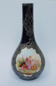 Lot 221 - c1900 Continental Bud vase with sterling silver overlay & courting Lot 221 - c1900 Continental Bud vase with sterling silver overlay & courting