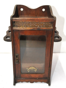 Lot 224 - Small vintage c1920s Oak Smoking Cabinet - Glazed front w Drawer &