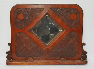 Lot 232 - Small W S Allen Carved Arts & Crafts Australian Oak Mirrored mante Lot 232 - Small W S Allen Carved Arts & Crafts Australian Oak Mirrored mante