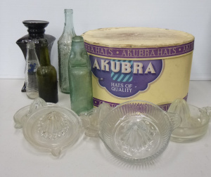 Box lot of Vintage Items inc, Harrison Codd Bottle and other bottles, Depressio