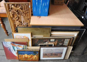 Group Lot of Assorted Pictures, Prints & Others incl Carved Wooden Panel, Fr