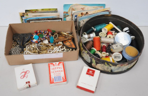 Lot of Mixed Items incl Vintage Ladies Jewllery, Playing Cards, Postcards, Sewin