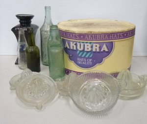 Box lot of Vintage Items inc, Harrison Codd Bottle and other bottles, Depressio