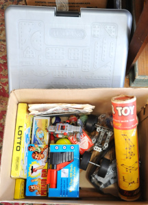 Box lot of Vintage Toys incl Boxed Meccano Set, in Toy Robot, Potato Gun etc