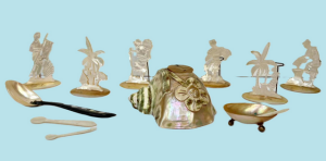 Lot 30 - Grp shell & mother of pearl - 6 carved figural place stands, small
