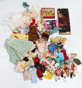 Lot 46 - Group lot vintage Toys & Dolls accessories inc Wooden & Rubber