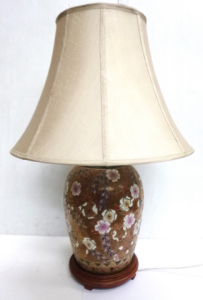 Lot 55 - Vintage Oriental China Lamp with shade and wooden base, tan ground with Lot 55 - Vintage Oriental China Lamp with shade and wooden base, tan ground with