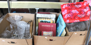 Lot 58 - Lot of 3 Boxes of Assorted Crystal, EPNS, and Books