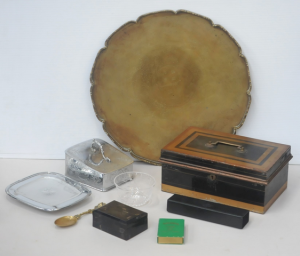 Lot 62 - Group Lot of Mixed Items incl Cash Box, Gaming Dice Cheese Serving Tray Lot 62 - Group Lot of Mixed Items incl Cash Box, Gaming Dice Cheese Serving Tray