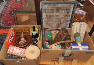 Lot 65 - 2 x Boxes of Vintage Mixed Items incl Wooden Items, Assorted Tins, Bake Lot 65 - 2 x Boxes of Vintage Mixed Items incl Wooden Items, Assorted Tins, Bake