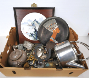 Lot 66 - Box Lot of Assorted Metalware Inc Perfect EPNS Teapot, Mikasa Kettle, V