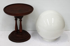 Lot 72 - Turned Wood Tripodal Comport 27cm H, and Milk Glass Spherical Lampshade Lot 72 - Turned Wood Tripodal Comport 27cm H, and Milk Glass Spherical Lampshade