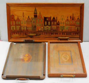 Lot 73 - 3 Inlaid Wood Items, 2 Trays and a Dutch Scene Lot 73 - 3 Inlaid Wood Items, 2 Trays and a Dutch Scene