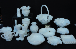 Lot 84 - Large Group lot Vintage Fenton Milk Glass inc Bowls, Vases, Shoes, Boot Lot 84 - Large Group lot Vintage Fenton Milk Glass inc Bowls, Vases, Shoes, Boot