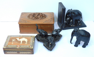 Lot 99 - Lot of Vintage Timber Items, Including Ebony Elephants, Bone and MOP In Lot 99 - Lot of Vintage Timber Items, Including Ebony Elephants, Bone and MOP In