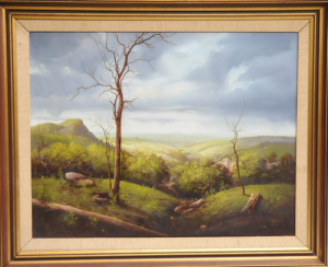 Lot 111 - Trevor Jones (1945 - ) Large framed Oil on Canvas - Valley Vista - Sig Lot 111 - Trevor Jones (1945 - ) Large framed Oil on Canvas - Valley Vista - Sig