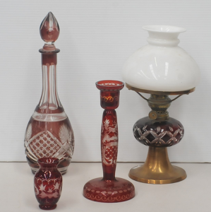 Lot 122 - Group lot of Vintage Flash Cut ruby Glass inc, Bohemian candle holder Lot 122 - Group lot of Vintage Flash Cut ruby Glass inc, Bohemian candle holder