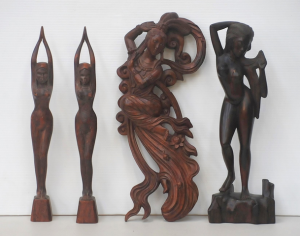 Lot 124 - 4 x Vintage Carved Wooden Female Figures - Pair Divers, heavy Ebony Nu