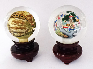 Lot 139 - 2 x Chinese Glass Balls on wooden stands with hand painted internal sc Lot 139 - 2 x Chinese Glass Balls on wooden stands with hand painted internal sc