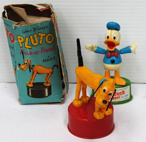 Lot 141 - 2 x 1960s Walt Disney Push Up Puppets - Donald Duck & Pluto by Mar Lot 141 - 2 x 1960s Walt Disney Push Up Puppets - Donald Duck & Pluto by Mar