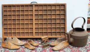 Lot 145 - Lot of Vintage Items Inc Typeset Tray, Shoe Forms Including Children's