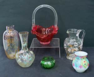 Lot 152 - Group lot Victorian Glass inc Hand painted Vases, Bowl, Jug , Milk Gla