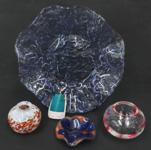Lot 153 - 4 Pces Art Glass inc Signed Australian Vase White with Orange splatter