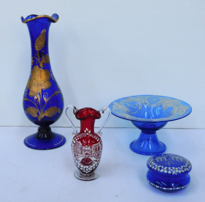 Lot 155 - 4 pces Victorian Hand painted glass inc Blue Pedestal bowl w matching Lot 155 - 4 pces Victorian Hand painted glass inc Blue Pedestal bowl w matching