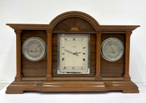Lot 204 - Sir John Bennett 3 sectioned wooden Mantle Clock with Barometer and Te Lot 204 - Sir John Bennett 3 sectioned wooden Mantle Clock with Barometer and Te