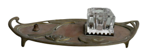 Lot 211 - Art Nouveau copper and brass desk stand with glass ink well - embossed