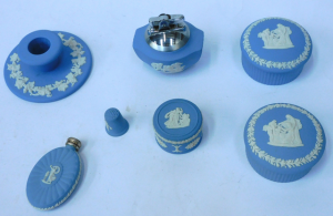 Lot 217 - Group lot Vintage Wedgwood Pale Blue jasperware inc Perfume flask, Thi Lot 217 - Group lot Vintage Wedgwood Pale Blue jasperware inc Perfume flask, Thi