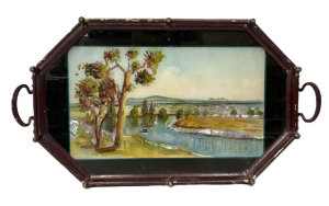 Lot 219 - Vintage Tray with hand painted Australian scene with mother of pearl i