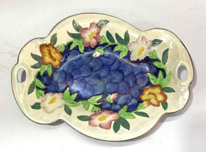 Lot 240 - 1950s Maling Lustre Ware scalloped oval shaped Bowl - Godetia dark bl