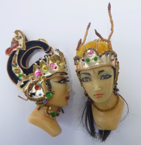 2 x Vintage Eastern Wax Dolls Heads with elaborate headdresses, approx 14cm L