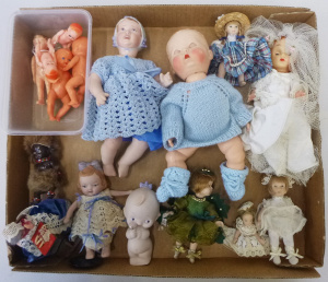 Box lot of Vintage and Modern small dolls inc, hard plastic, bisque, babies, tod