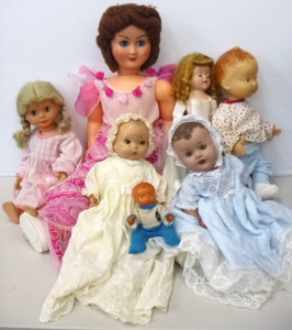 Box Lot of Vintage Hard Plastic and Composition Dolls inc, large Italian Boudoir