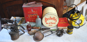 Lot of Mixed Vintage Items incl Shell Motor Oil Tin, Bushells Tea Tin, Vintage S