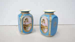 Pair Vintage c1900 Noritake Japanese Porcelain Vases - Hanpainted Lake scenes to