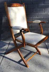 Vintage c1900 Folding Campaign Arm Chair - Inlaid design to back rest, Brocade U