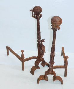 Lot 5 - Pair of impressive wrought & cast iron firedogs featuring hereldic w