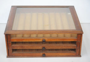 Lot 7 - Vintage glass topped timber haberdashery cabinet with 3 segmented drawer