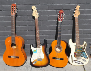 Lot 14 - 4 x Guitars, 2 electric incl left handed Fender Squire Strat, & Del