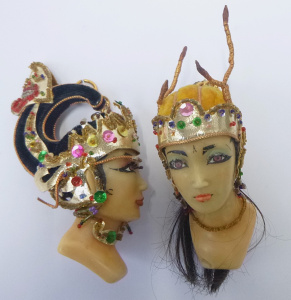 Lot 33 - 2 x Vintage Eastern Wax Dolls Heads with elaborate headdresses, approx