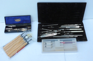 Lot 34 - Group lot of drafting implements, carving tools, & Parker fountain