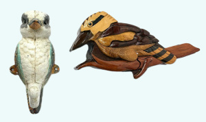 Lot 35 - 2 x kookaburra shaped items - painted Cast metal coat hook & wooden