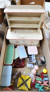 Lot 42 - Box lot of vintage items incl toy furniture, cast iron bird door stop,