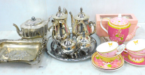 Lot 50 - Box lot China & EPNS incl EPNS Coffee & Tea Set, Round Tray, En