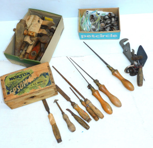 Lot 53 - Group lot of vintage tools & hardware, incl timber vices, castors,