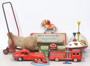 Lot 65 - Lot of pressed tin & other vintage toys, incl boxed Australian made